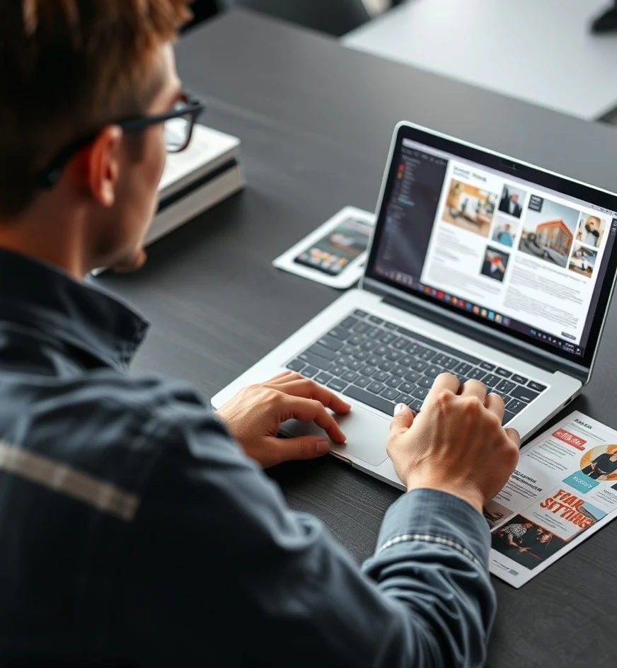 PDF Export Settings For Postcards: The Print Ready Setup Guide: a designer reviewing a postcard layout on a laptop screen with printed proofs beside it.