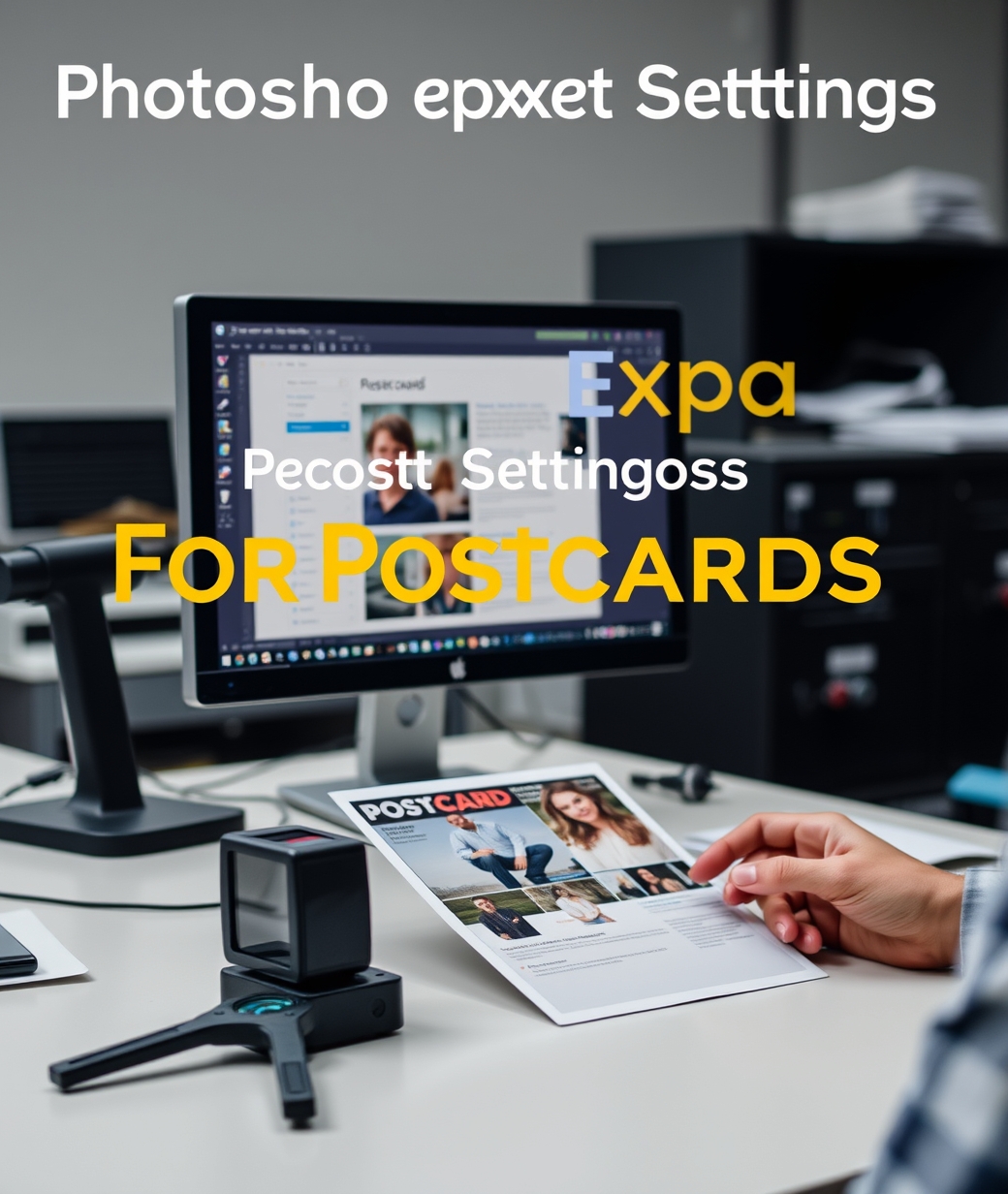 Photoshop Export Settings For Postcards Checklist for Professional Postcard Printing: a design review scene with a monitor, proof print, and measurement tools.
