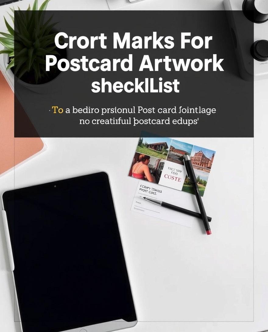 Crop Marks For Postcard Artwork Checklist for Professional Postcard Printing: a tablet, stylus, and postcard sample on a clean creative desk.