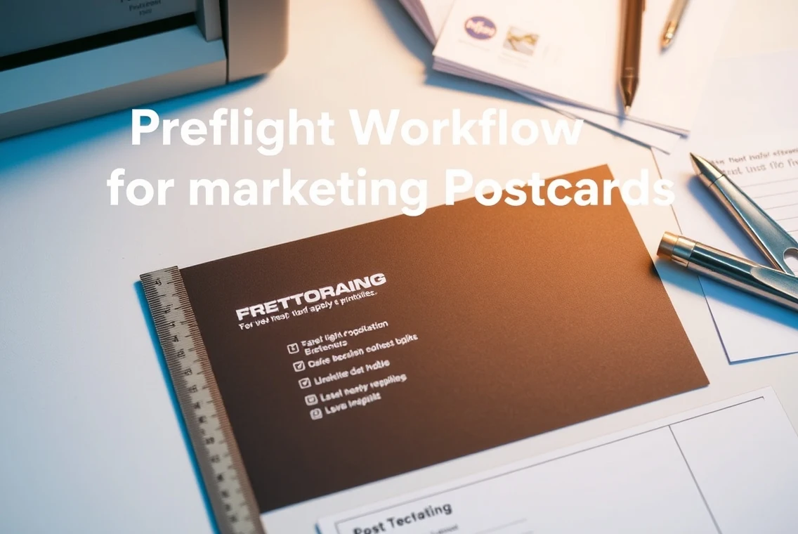 Preflight Workflow For Marketing Postcards Checklist for Professional Postcard Printing: a desktop setup with a postcard template, ruler, and notes for file prep.
