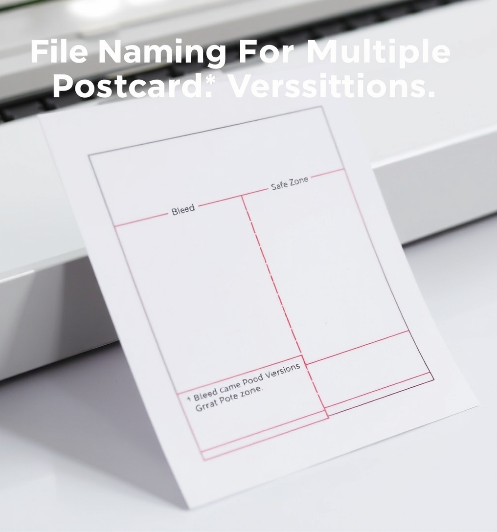 File Naming For Multiple Postcard Versions: The Print Ready Setup Guide: a postcard proof sheet marked with bleed and safe-zone notes.