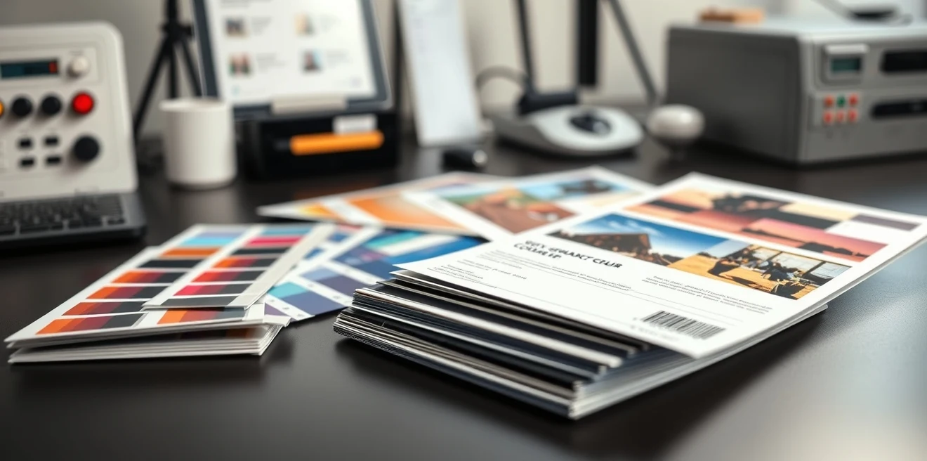 How to Prepare Version Control For Postcard Campaign Artwork Without Common File Errors: a color-matching review with swatches and postcard proofs on a desk.