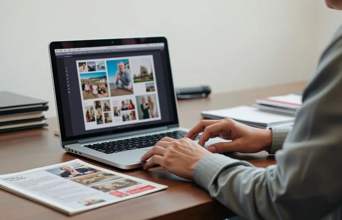 Print Ready Template Downloads For Postcards Checklist for Professional Postcard Printing: a designer reviewing a postcard layout on a laptop screen with printed proofs beside it.