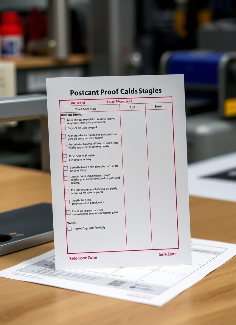 Print Ready Template Downloads For Postcards Checklist for Professional Postcard Printing: a postcard proof sheet marked with bleed and safe-zone notes.