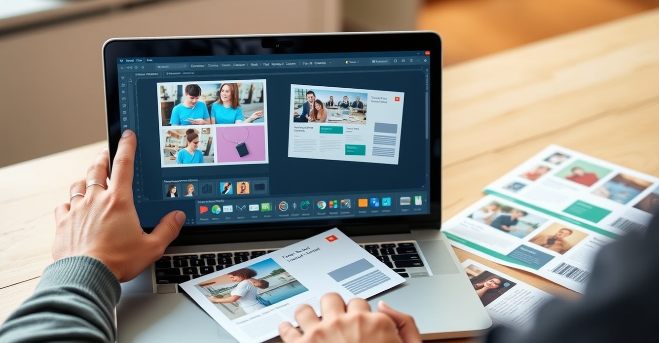 Canva Postcard Templates: The Best Template or Tool Path for Fast Postcard Design: a designer reviewing a postcard layout on a laptop screen with printed proofs beside it.