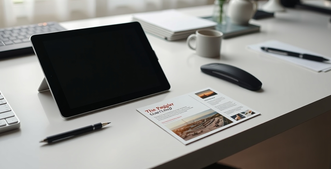 Designing Adobe Express Postcard Templates Without Starting From Scratch: a tablet, stylus, and postcard sample on a clean creative desk.