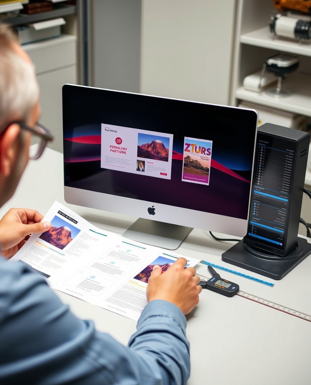 Designing Adobe Express Postcard Templates Without Starting From Scratch: a design review scene with a monitor, proof print, and measurement tools.
