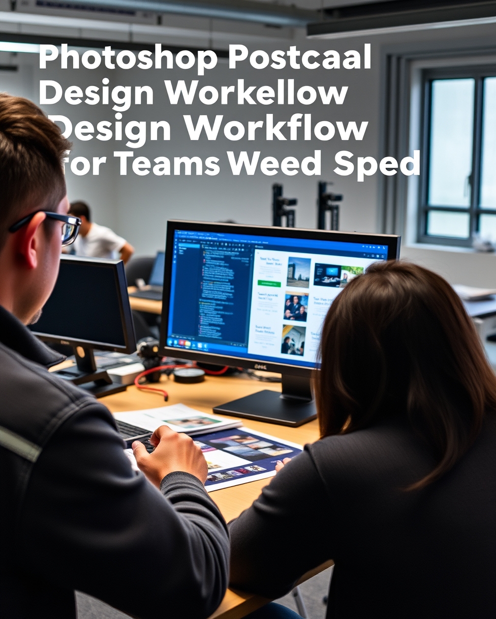Photoshop Postcard Templates Design Workflow for Teams That Need Speed: a design review scene with a monitor, proof print, and measurement tools.