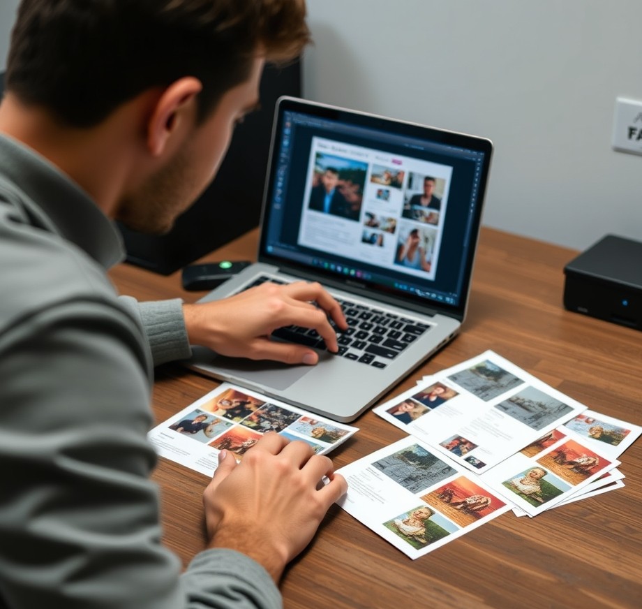 Designing InDesign Postcard Templates Without Starting From Scratch: a designer reviewing a postcard layout on a laptop screen with printed proofs beside it.