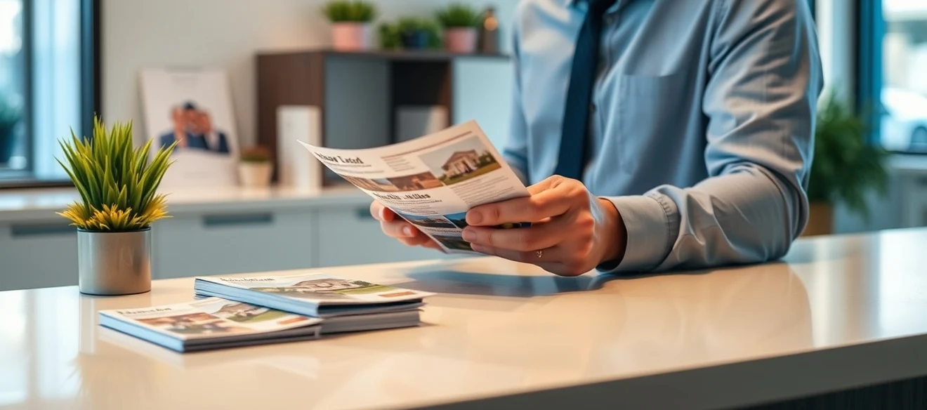 Designing Real Estate Postcard Templates Without Starting From Scratch: a real estate agent reviewing postcard samples on a clean counter with local campaign notes.