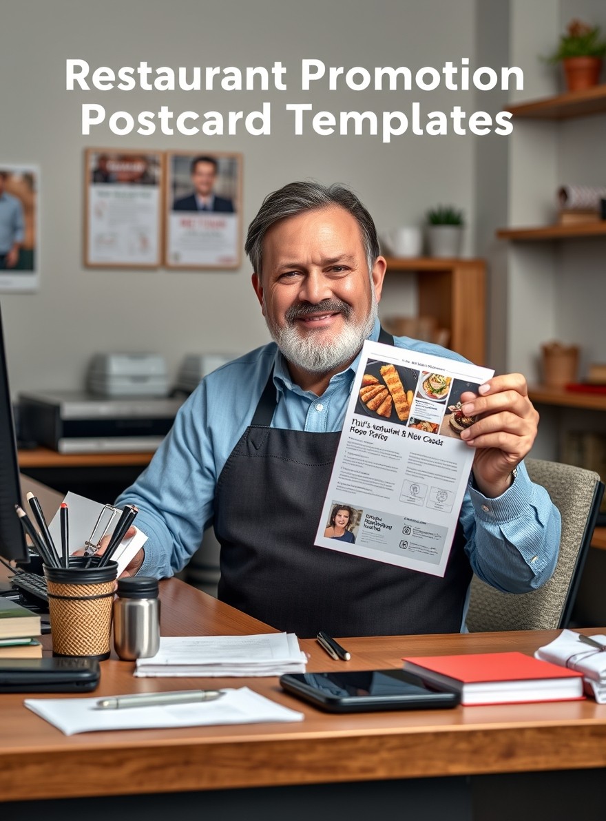 Restaurant Promotion Postcard Templates Design Workflow for Teams That Need Speed: a restaurant owner holding a postcard proof beside relevant business props on a desk.