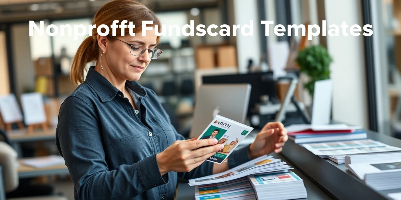 Nonprofit Fundraiser Postcard Templates: The Best Template or Tool Path for Fast Postcard Design: a nonprofit coordinator arranging postcard samples near the business setting.