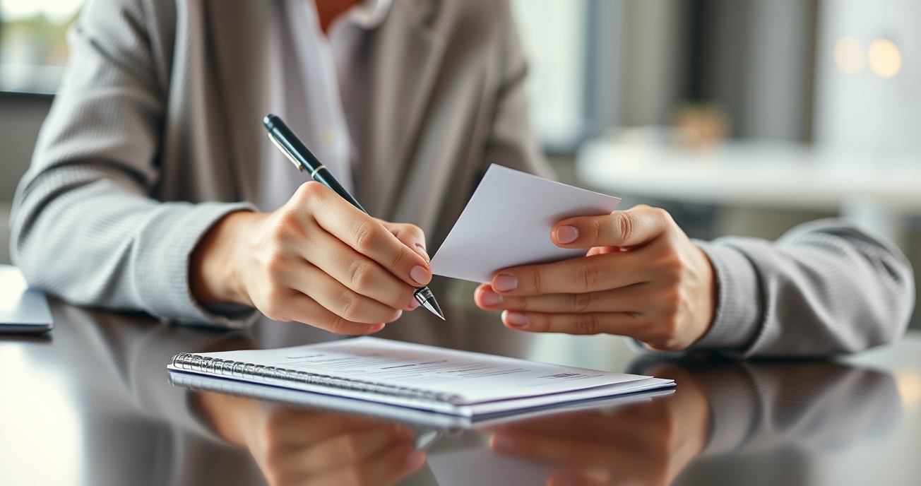 Event Invitation Postcard Templates Design Workflow for Teams That Need Speed: a event planner checking a postcard mockup with a pen and paper notes.