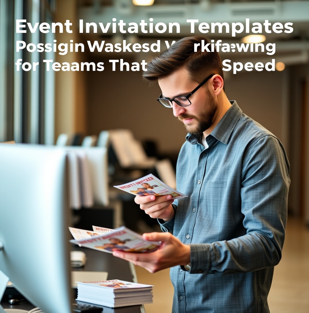 Event Invitation Postcard Templates Design Workflow for Teams That Need Speed: a event planner arranging postcard samples near the business setting.