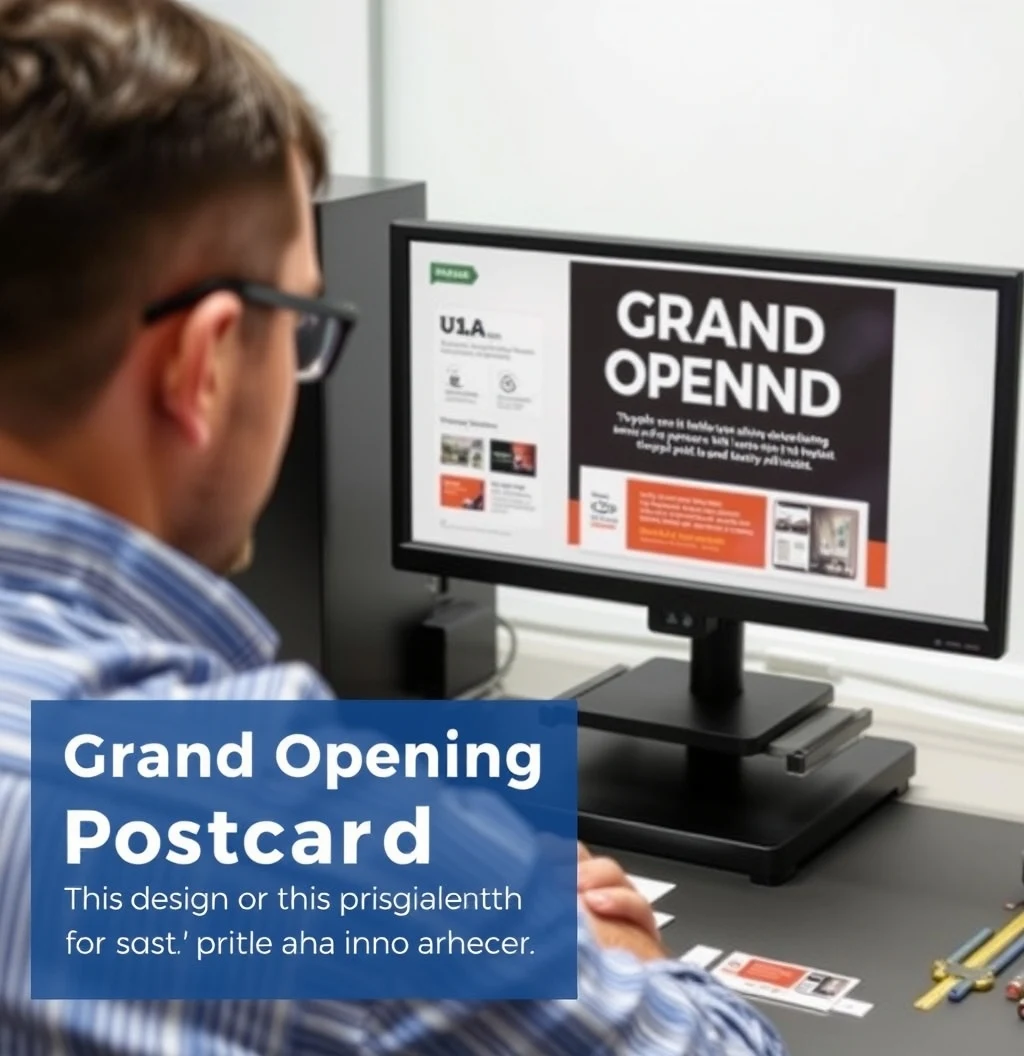 Grand Opening Postcard Templates: The Best Template or Tool Path for Fast Postcard Design: a design review scene with a monitor, proof print, and measurement tools.