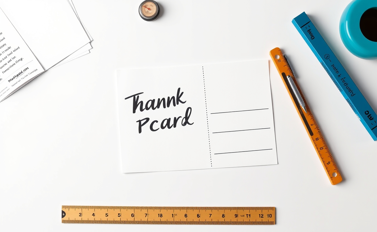 Designing Thank You Postcard Templates Without Starting From Scratch: a desktop setup with a postcard template, ruler, and notes for file prep.
