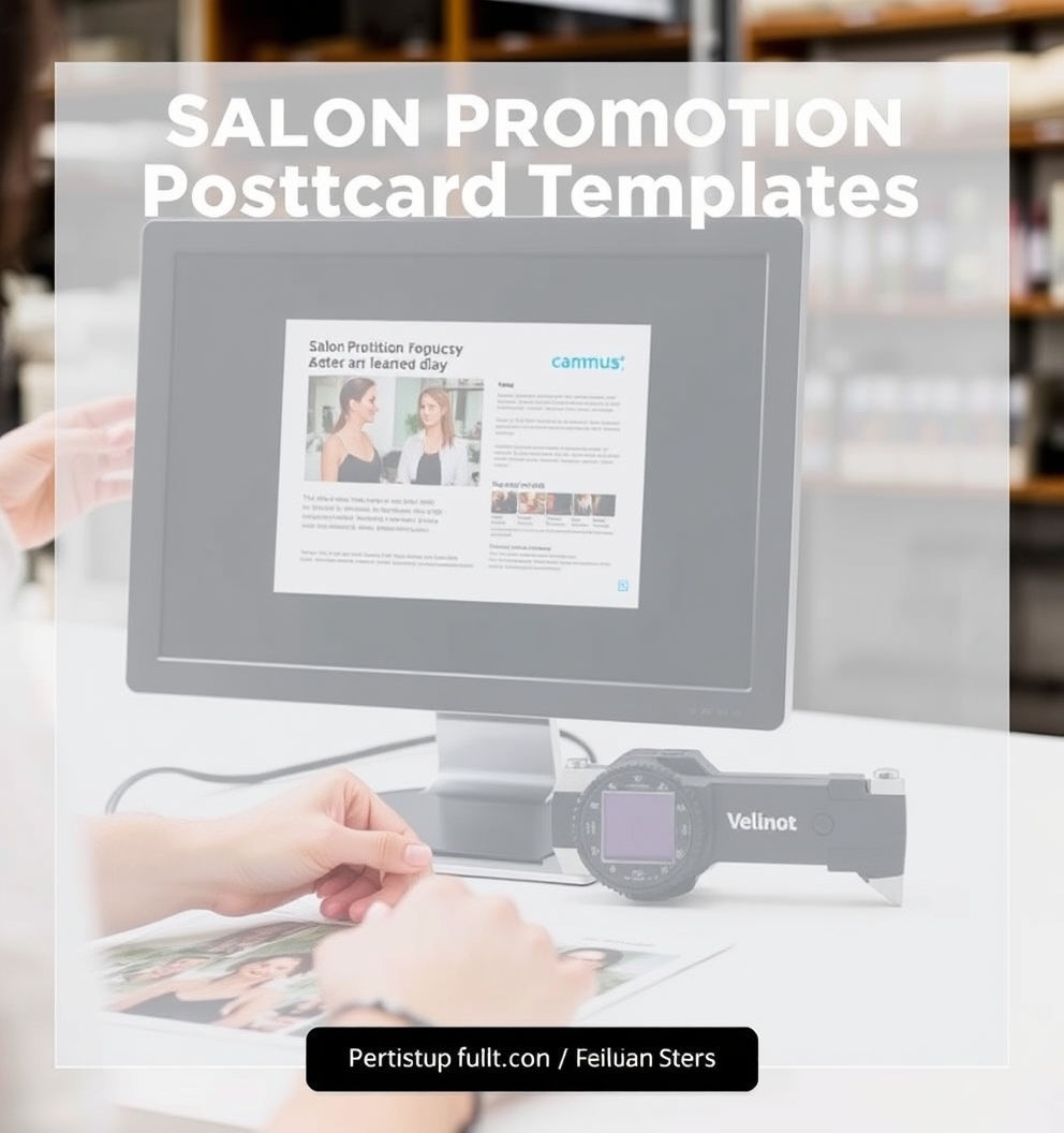 Salon Promotion Postcard Templates: The Best Template or Tool Path for Fast Postcard Design: a design review scene with a monitor, proof print, and measurement tools.