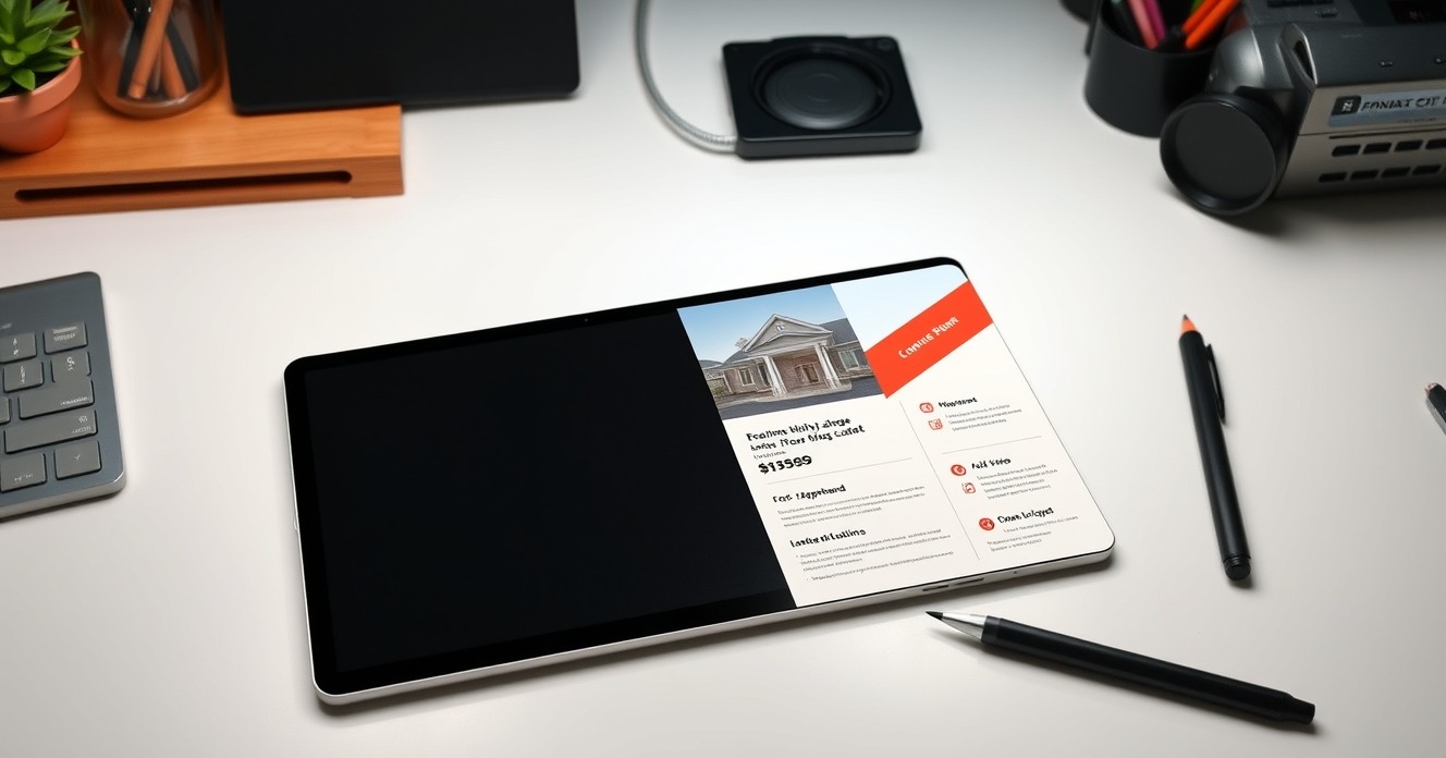 Designing HVAC Service Postcard Templates Without Starting From Scratch: a tablet, stylus, and postcard sample on a clean creative desk.