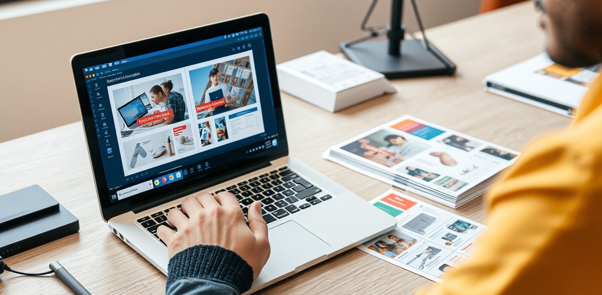 Ecommerce Insert Postcard Templates: The Best Template or Tool Path for Fast Postcard Design: a designer reviewing a postcard layout on a laptop screen with printed proofs beside it.