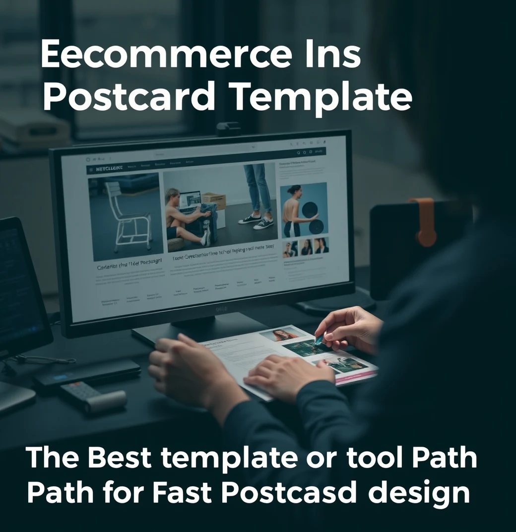 Ecommerce Insert Postcard Templates: The Best Template or Tool Path for Fast Postcard Design: a design review scene with a monitor, proof print, and measurement tools.