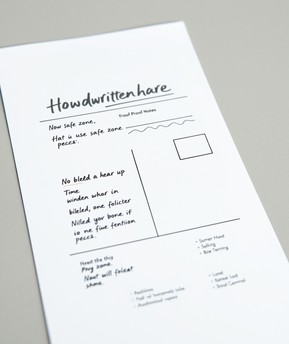 Handwritten Look Postcard Templates Design Workflow for Teams That Need Speed: a postcard proof sheet marked with bleed and safe-zone notes.