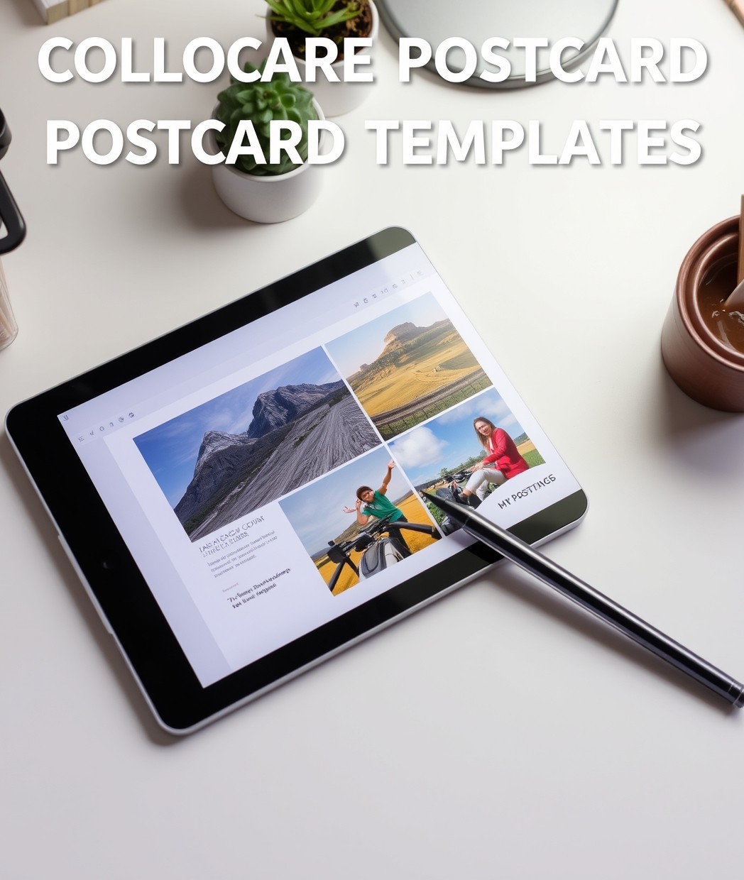 Photo Collage Postcard Templates: The Best Template or Tool Path for Fast Postcard Design: a tablet, stylus, and postcard sample on a clean creative desk.