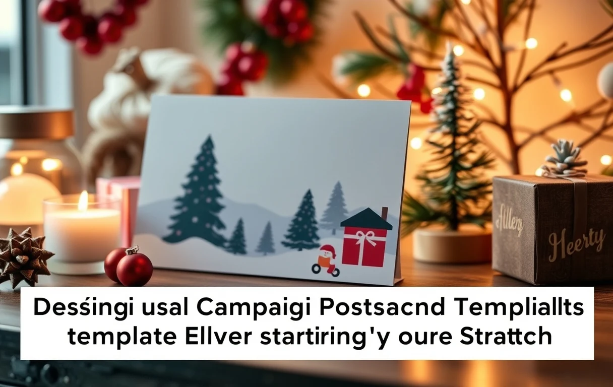 Designing Seasonal Campaign Postcard Templates Without Starting From Scratch: a seasonal postcard beside themed decor and warm lights.