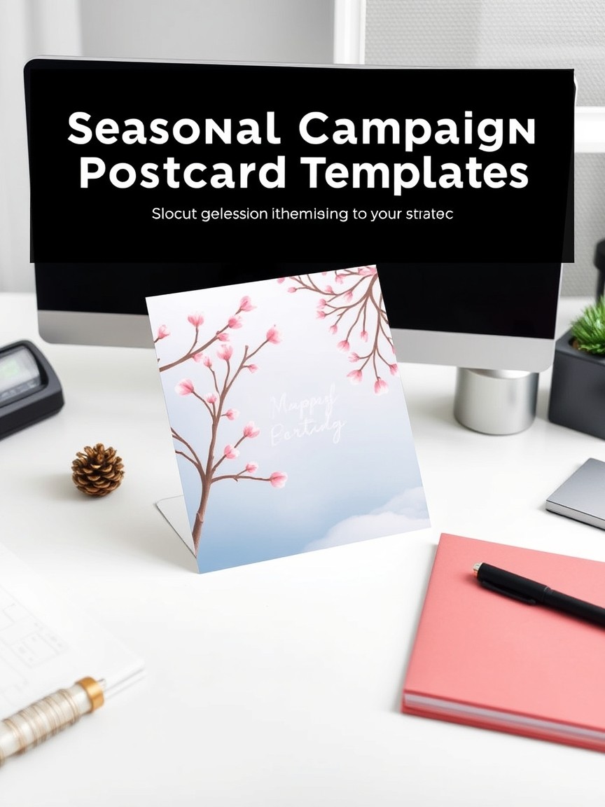 Designing Seasonal Campaign Postcard Templates Without Starting From Scratch: a spring or winter themed postcard on a clean desk with relevant accents.