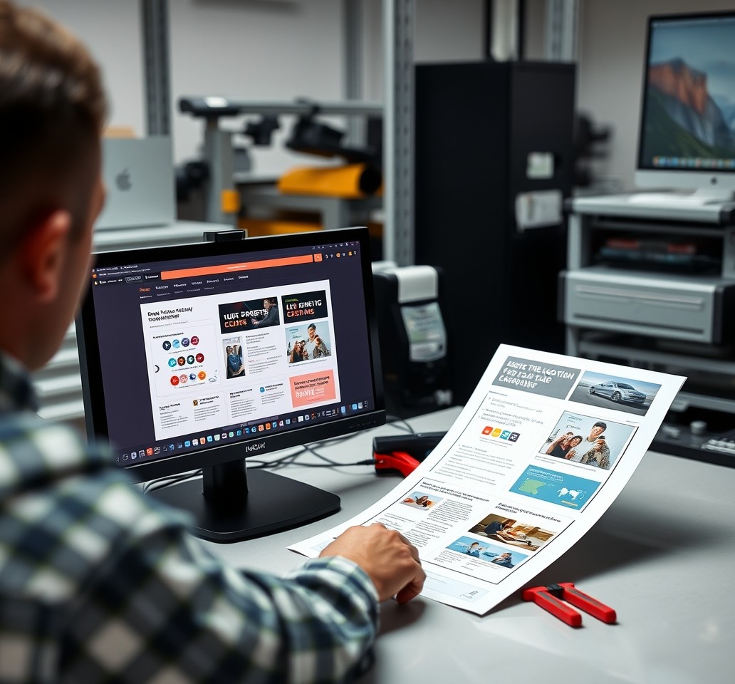 Editable Multi Location Postcard Templates Design Workflow for Teams That Need Speed: a design review scene with a monitor, proof print, and measurement tools.