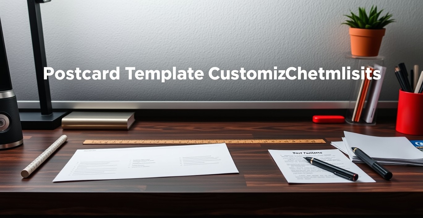 Postcard Template Customization Checklists: The Best Template or Tool Path for Fast Postcard Design: a desktop setup with a postcard template, ruler, and notes for file prep.