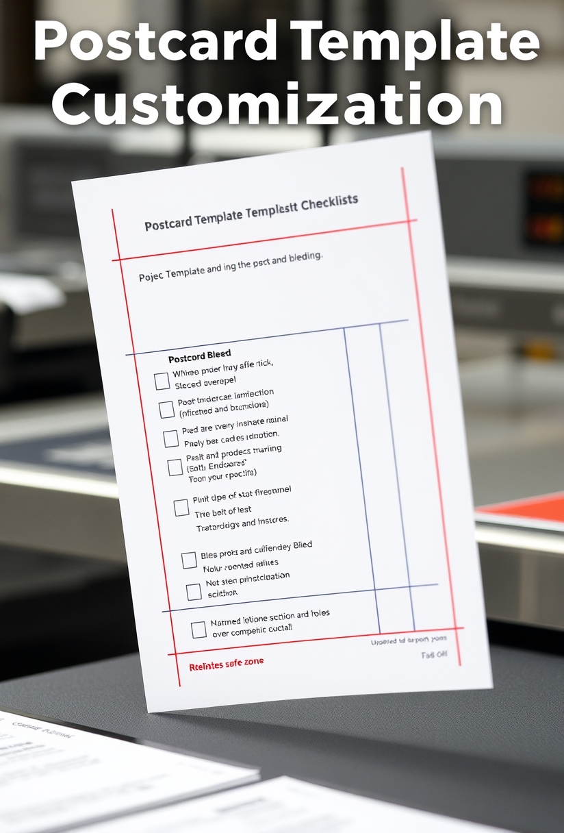 Postcard Template Customization Checklists: The Best Template or Tool Path for Fast Postcard Design: a postcard proof sheet marked with bleed and safe-zone notes.