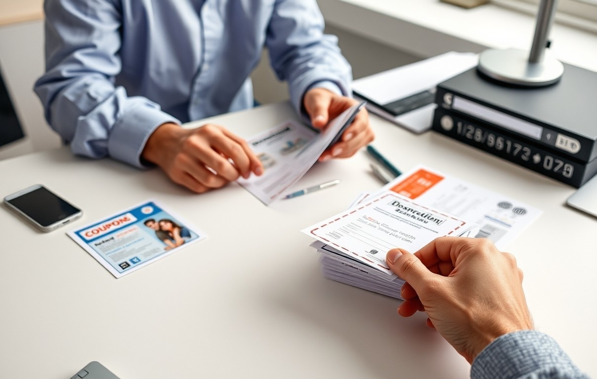 Coupon Wording On Postcards Copywriting Rules for Small Format Marketing: a designer reviewing format options on a clean desk with sample cards.