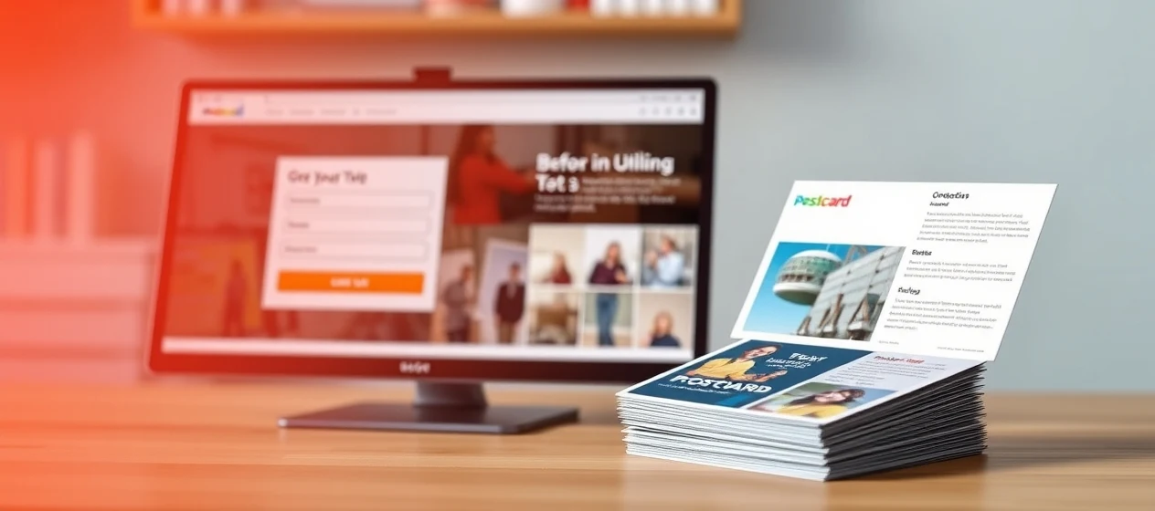 Before And After Service Copy On Postcards: The Postcard Copy Formula That Converts Better: an online ordering screen beside a printed postcard sample.