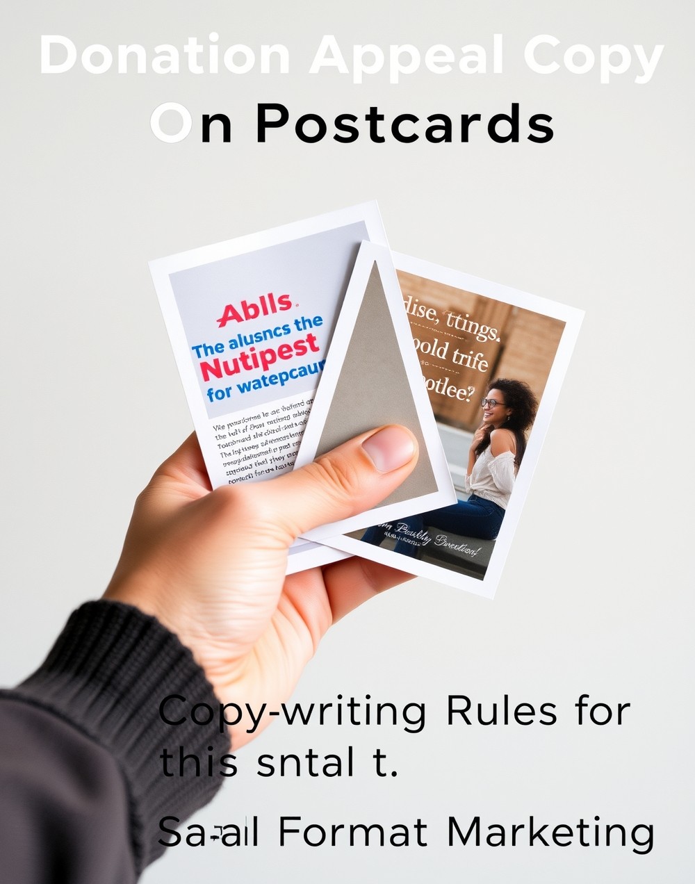 Donation Appeal Copy On Postcards Copywriting Rules for Small Format Marketing: a hand holding two postcards of different sizes at the same time.