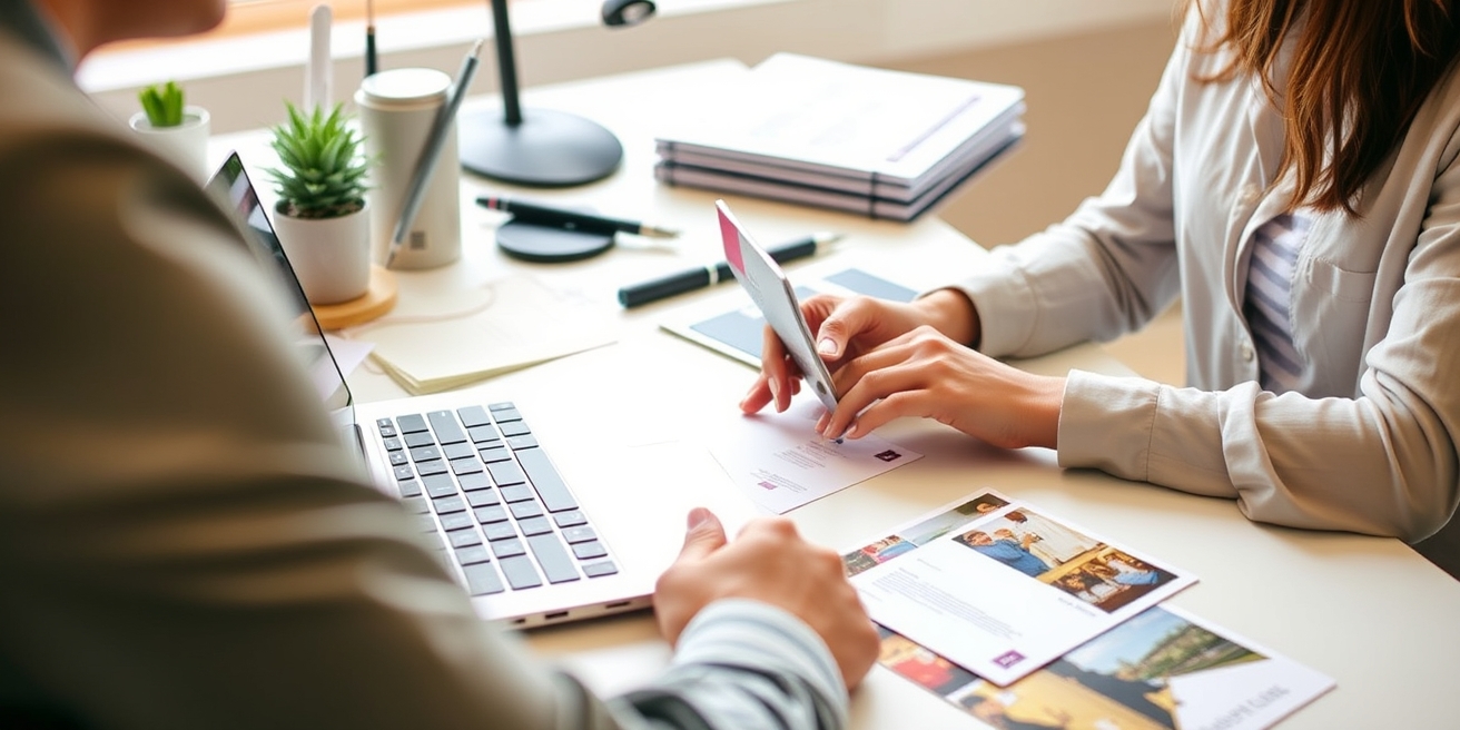 Event Invitation Copy On Postcards: The Postcard Copy Formula That Converts Better: a event planner planning a direct mail postcard at a workstation with a laptop and sample cards.