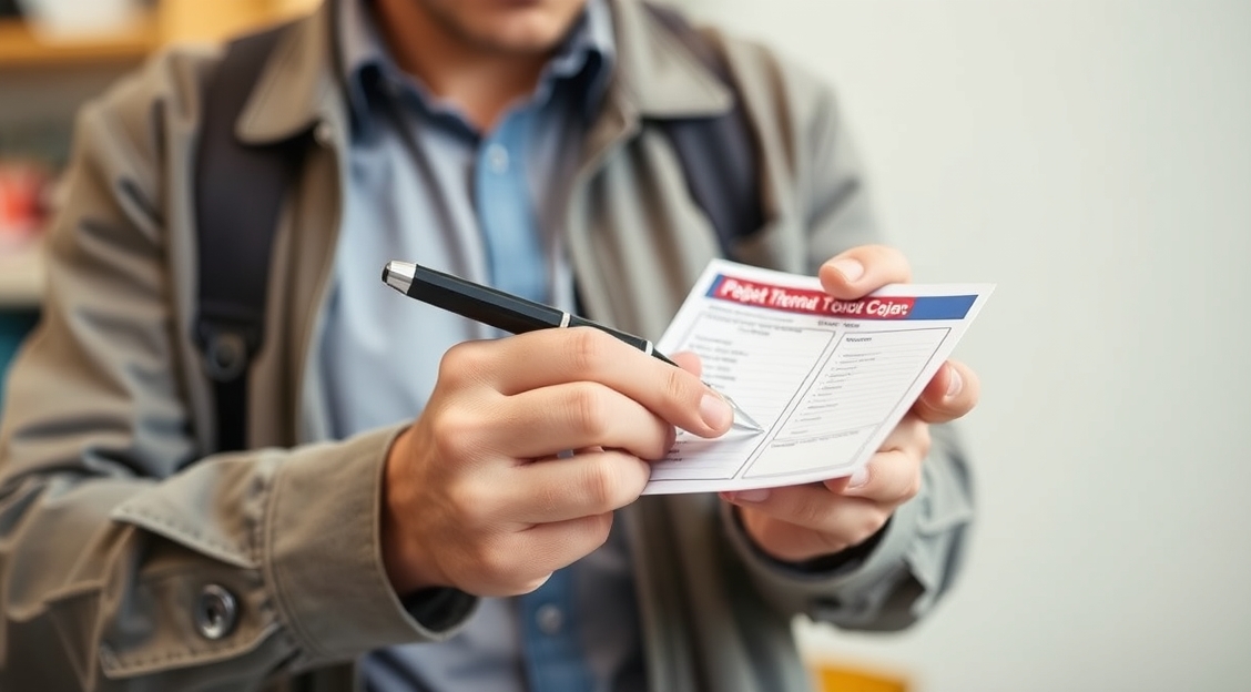 Writing Political Turnout Copy On Postcards Without Wasting Precious Space: a campaign organizer checking a postcard mockup with a pen and paper notes.