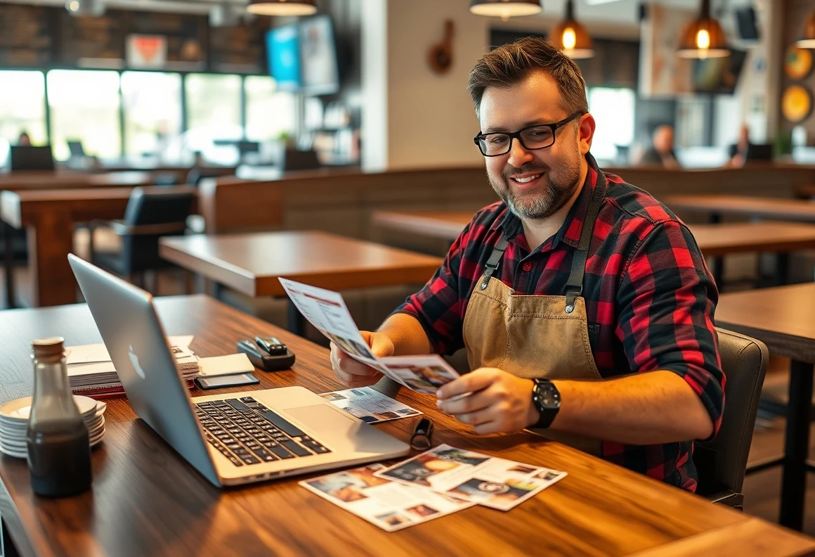 Restaurant Limited Time Offer Copy On Postcards Copywriting Rules for Small Format Marketing: a restaurant owner planning a direct mail postcard at a workstation with a laptop and sample cards.