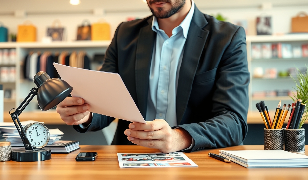 Retail Clearance Copy On Postcards: The Postcard Copy Formula That Converts Better: a retail manager holding a postcard proof beside relevant business props on a desk.