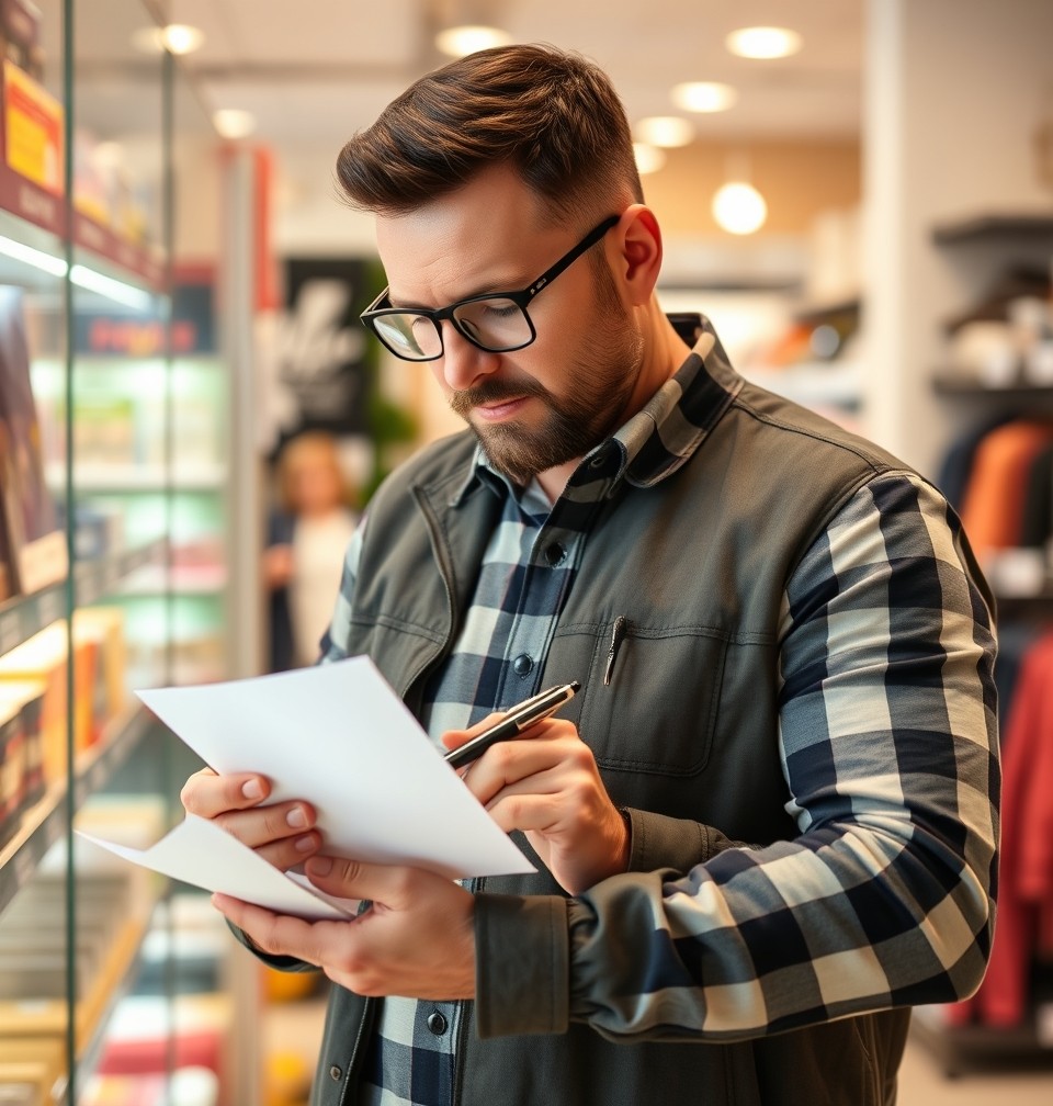 Retail Clearance Copy On Postcards: The Postcard Copy Formula That Converts Better: a retail manager checking a postcard mockup with a pen and paper notes.
