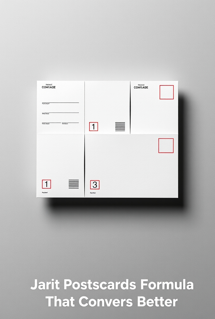 Trust Signals On Small Format Postcards: The Postcard Copy Formula That Converts Better: an overhead grid of postcard formats from compact to oversized.