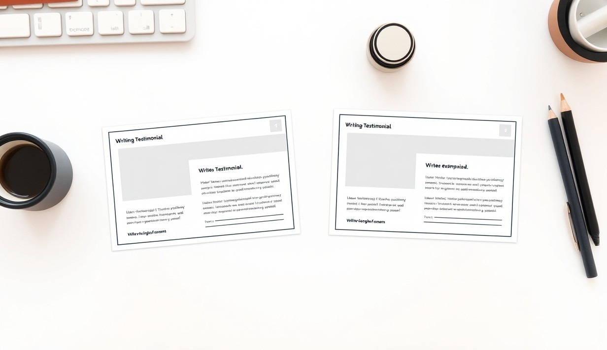 Writing Testimonial Placement On Postcards Without Wasting Precious Space: two postcard layouts compared on a clean neutral desk.
