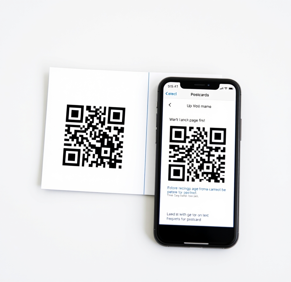 QR Code CTA Wording On Postcards Copywriting Rules for Small Format Marketing: a postcard with a QR code beside a smartphone showing a landing page concept.