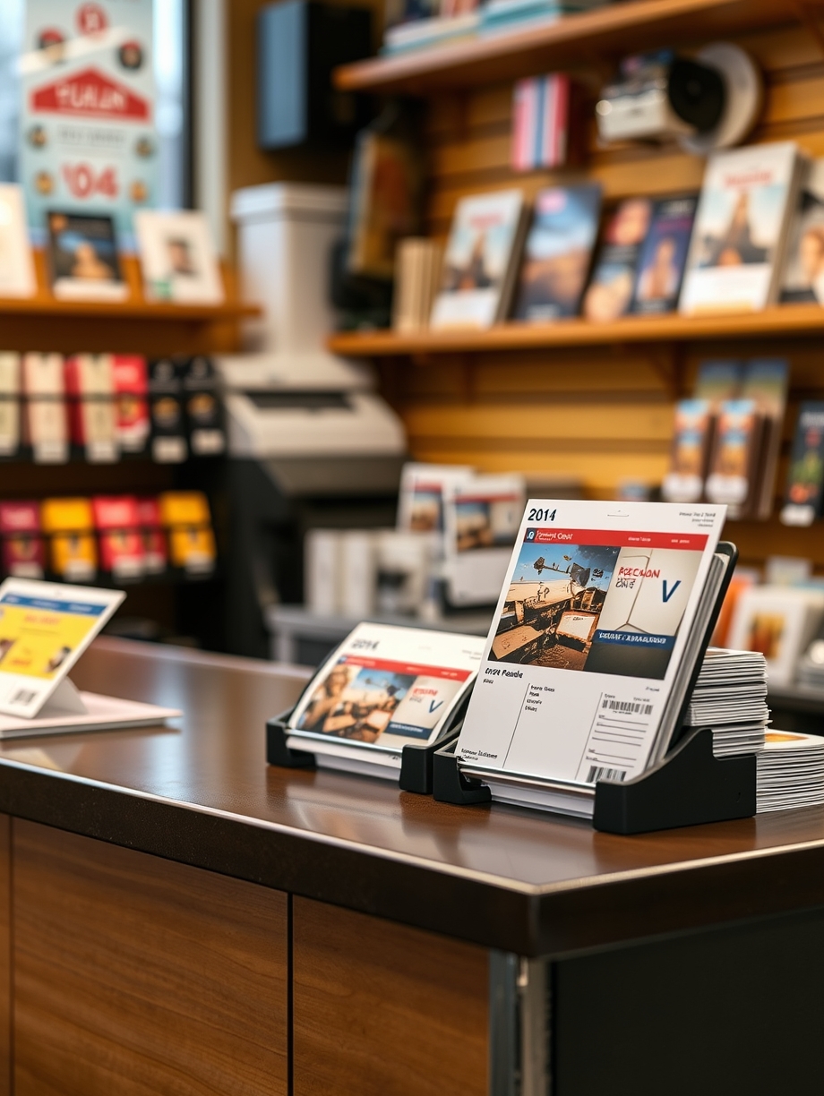 Headline Length Rules For Postcards: The Postcard Copy Formula That Converts Better: a local shop counter next to a finished postcard order.