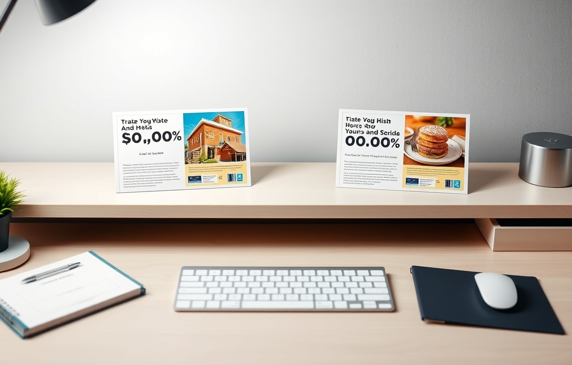 Writing Discount Vs Value Add Offers On Postcards Without Wasting Precious Space: two postcard layouts compared on a clean neutral desk.