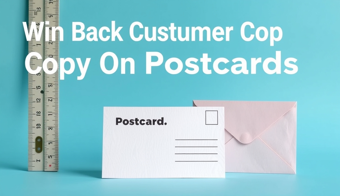 Win Back Customer Copy On Postcards Copywriting Rules for Small Format Marketing: a postcard standing next to a ruler and envelope to show scale.