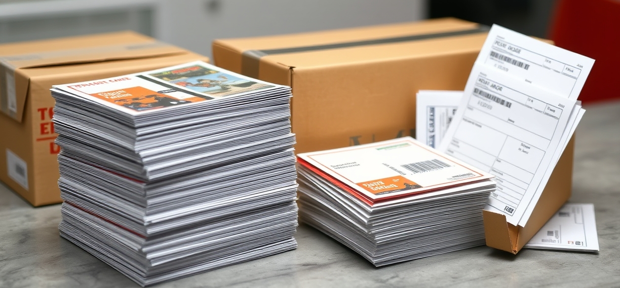 Postcard Postage Requirements: The Practical Mailing Guide for Postcards: a stack of postcards bundled for mailing beside a shipping box and postal forms.