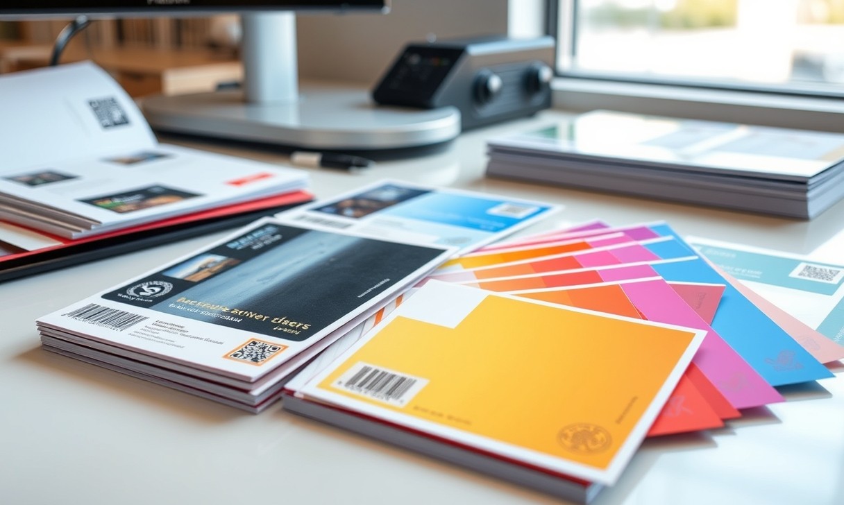 How to Handle Address Side Layout For Postcards Without USPS Mistakes: a color-matching review with swatches and postcard proofs on a desk.