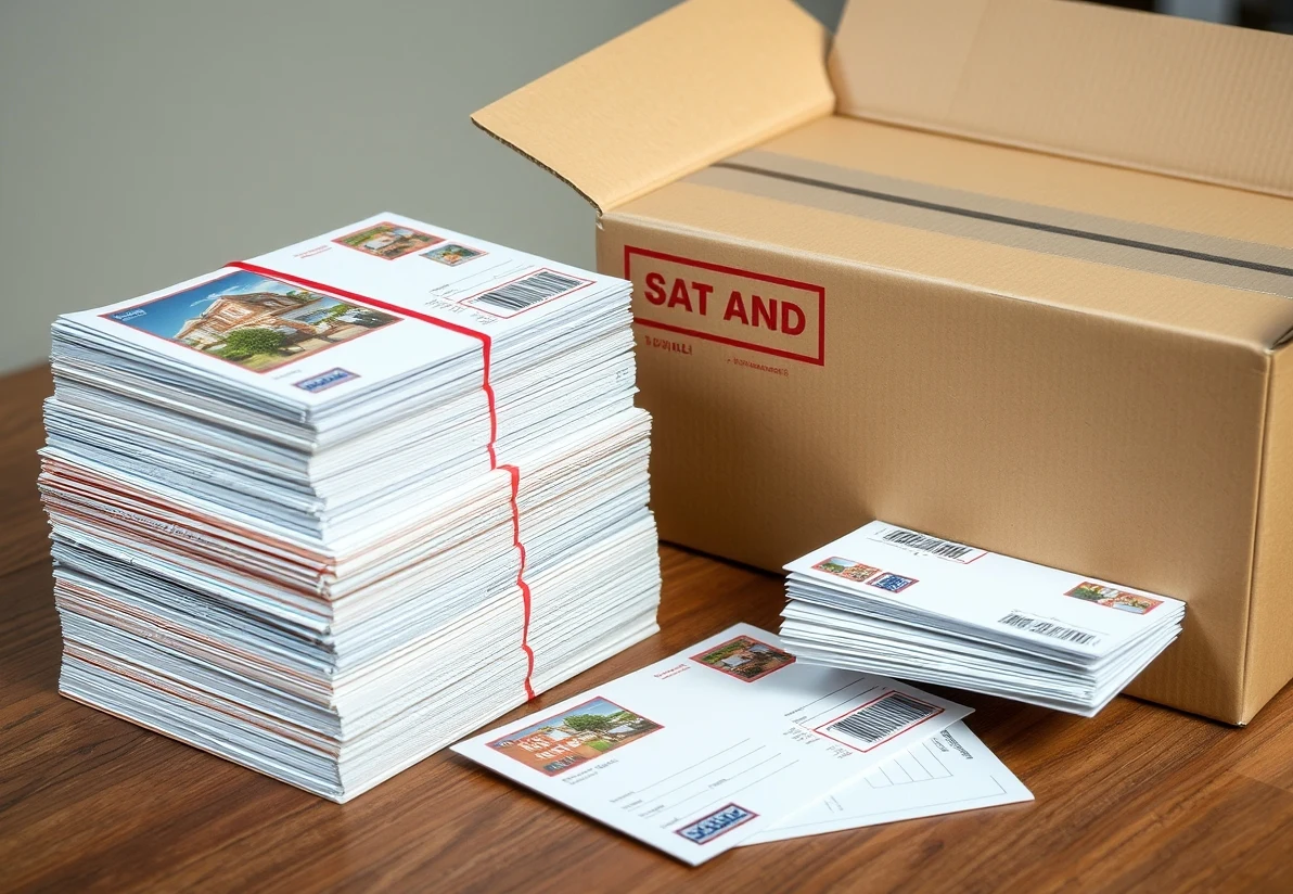 Stamp Vs Indicia On Postcards Rules Explained for Marketing Teams: a stack of postcards bundled for mailing beside a shipping box and postal forms.
