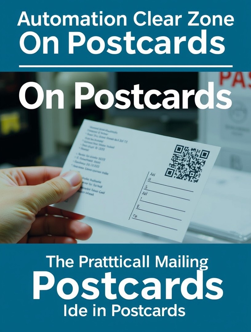 Automation Clear Zone On Postcards: The Practical Mailing Guide for Postcards: a hand preparing a postcard with address-side details and indicia area visible.