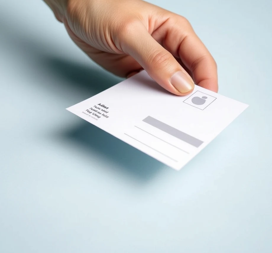 Mailing List Formatting For Postcards Rules Explained for Marketing Teams: a hand preparing a postcard with address-side details and indicia area visible.